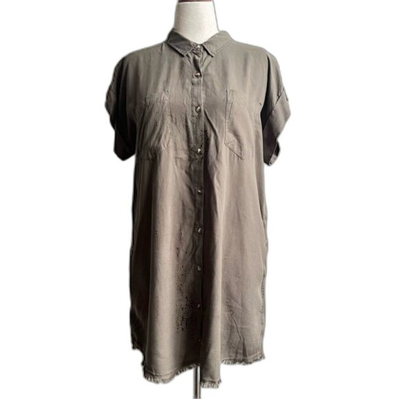 Thread + Supply Womens Olive Loose Fit Shirt Dress, w/ Fray Bottom Hem Size LG - Picture 1 of 6